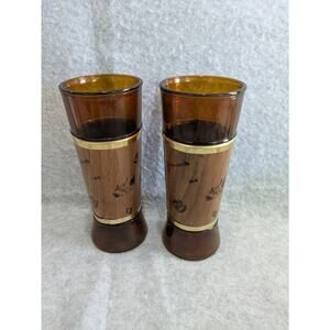 Set Of 2 Vintage Siesta Ware Western Cowboy Walnut Amber Highball Tiki Glass